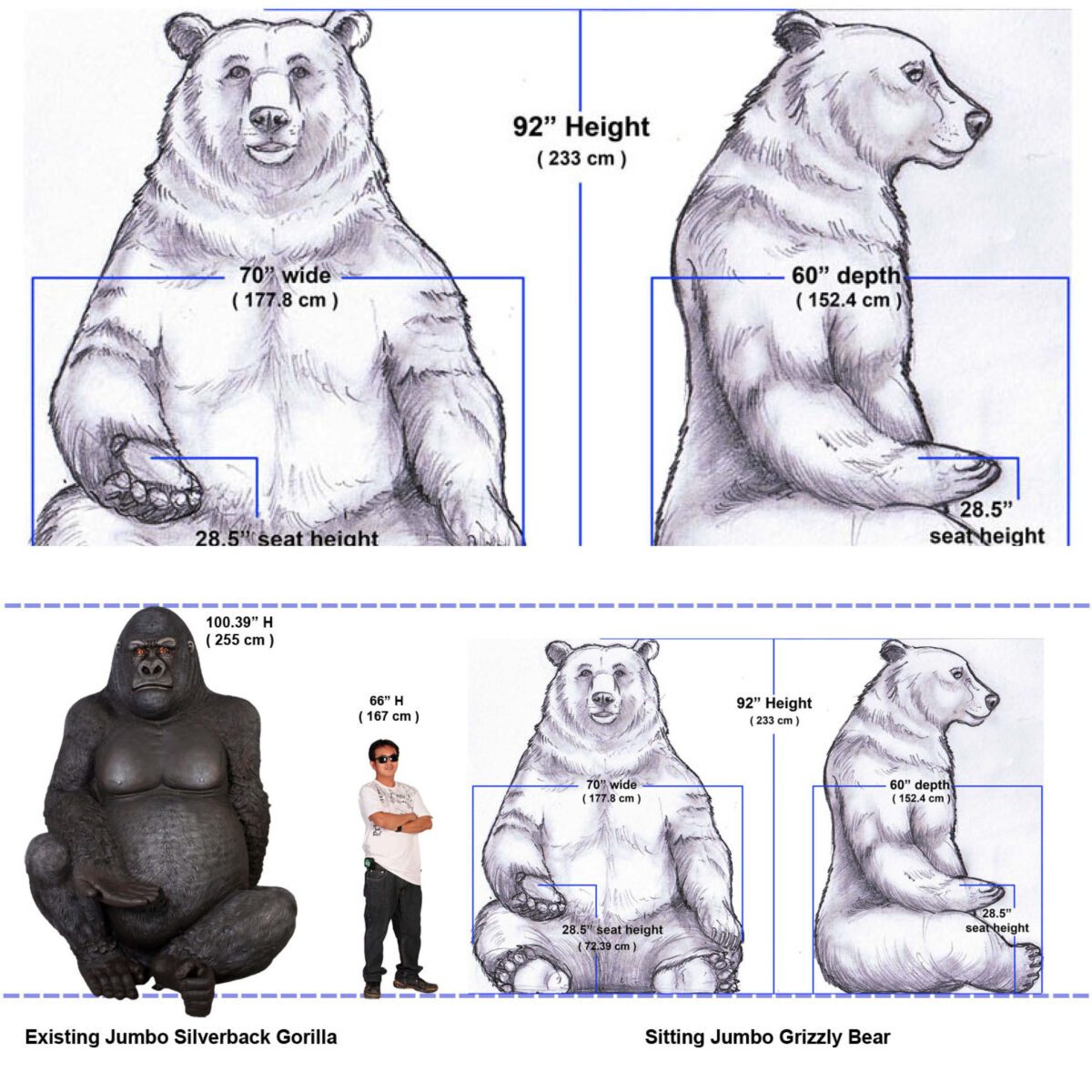 Natureworks Australia Grizzly Bear - Sitting - Concept Art showing development concept sketches and comparison with our sitting Gorilla