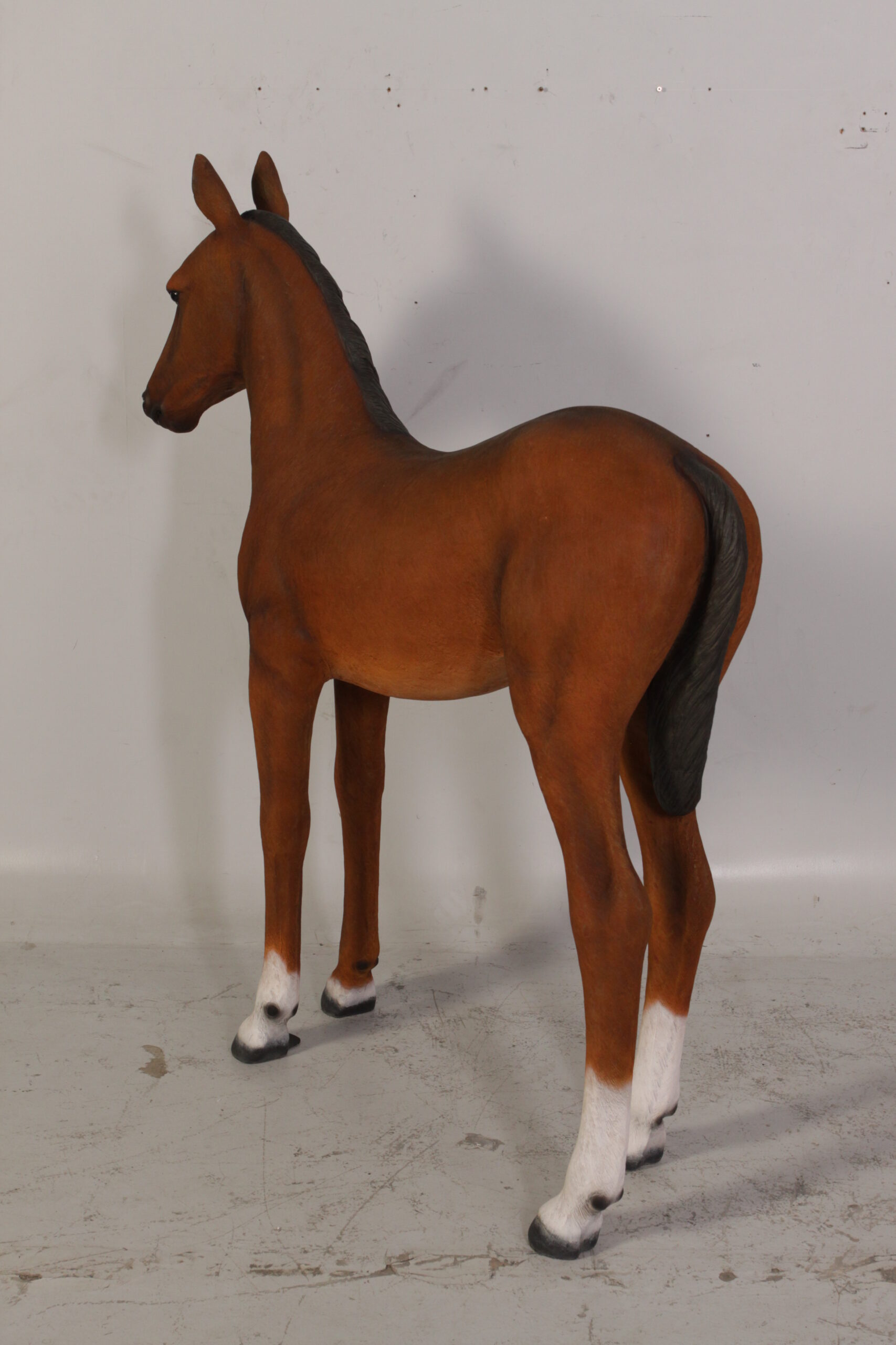 Natureworks Australia Horse Foal standing - 120043 Brown - shown with life-size horse standing - showing rear angle view