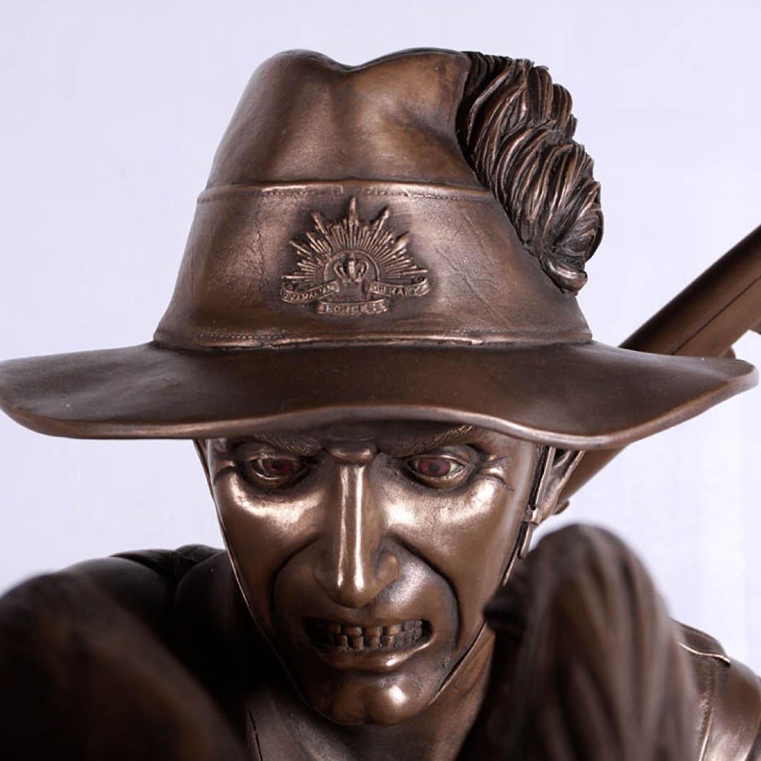 Natureworks Australia Horse & Rider 7ft - Charge at Beersheba Statue - 130032Bronze finish- close up of head - front view