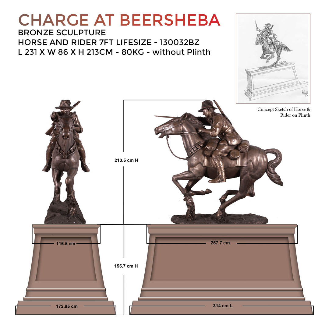 Natureworks Australia Horse & Rider 7ft - Charge at Beersheba Statue - 130032Bronze finish - with sizes and shown on Plinth