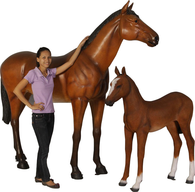 Natureworks Australia Horse Foal standing - 120043 Brown - shown with life-size horse standing and lady