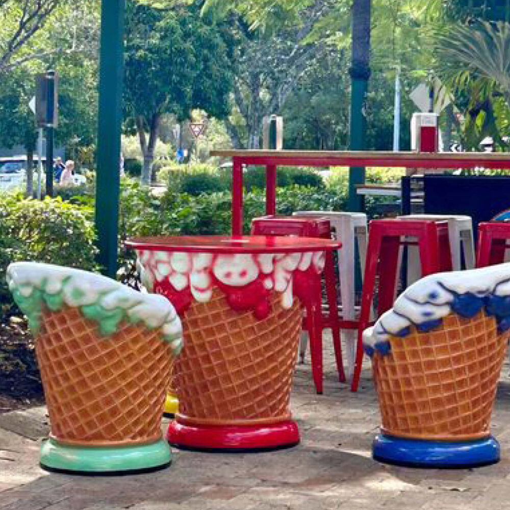 Ice Cream Chair - Mint Green colour - L65cm x W 63cm - H 71cm - SKU 130020- for sale available individually or as a set with various colours/flavours - shown out the front of a Ice Cream Shop - cutomer photo