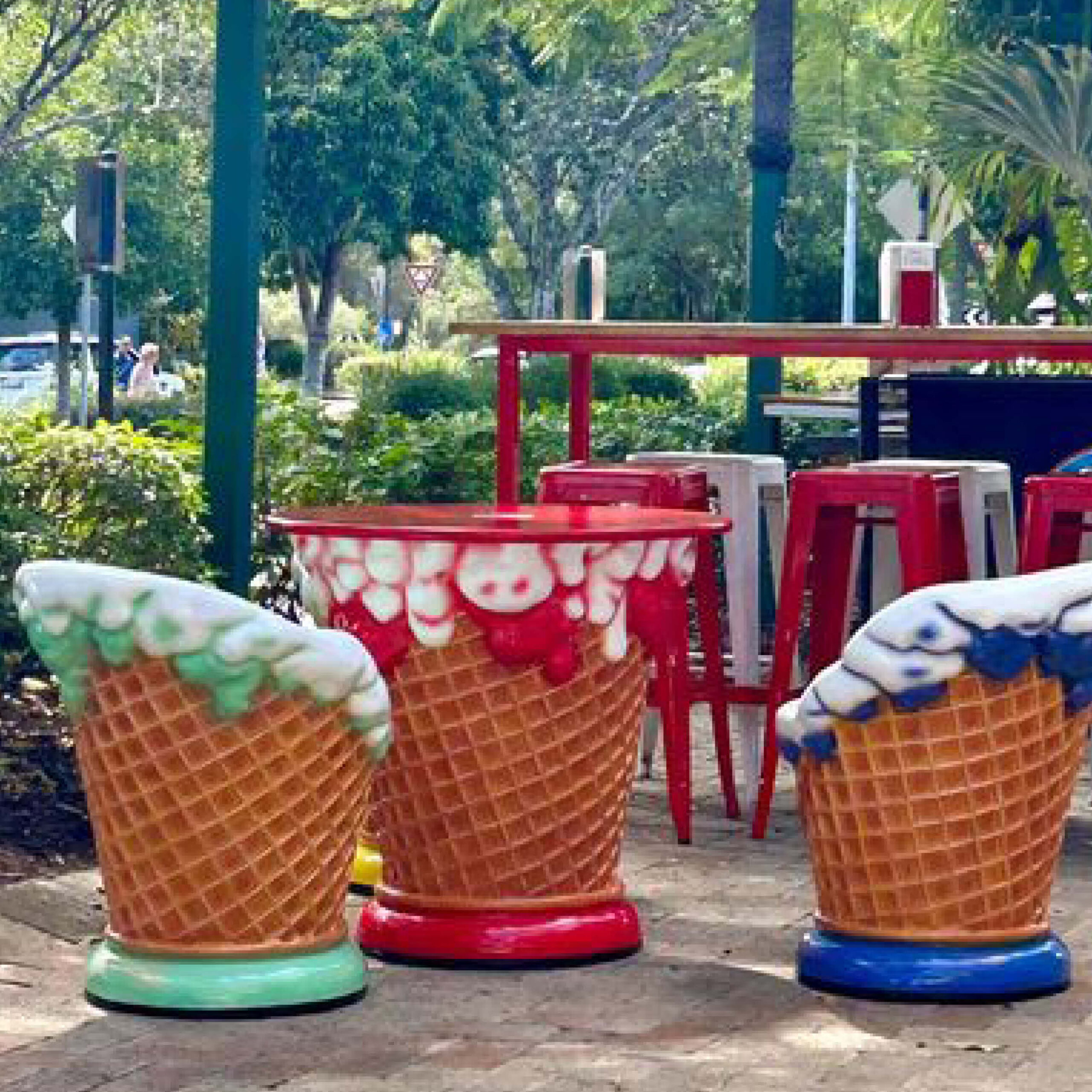 Natureworks Australia Ice Cream Chair - Mint Green colour - L65cm x W 63cm - H 71cm - SKU 130020- for sale available individually or as a set with various colours/flavours - shown out the front of a Ice Cream Shop - cutomer photo