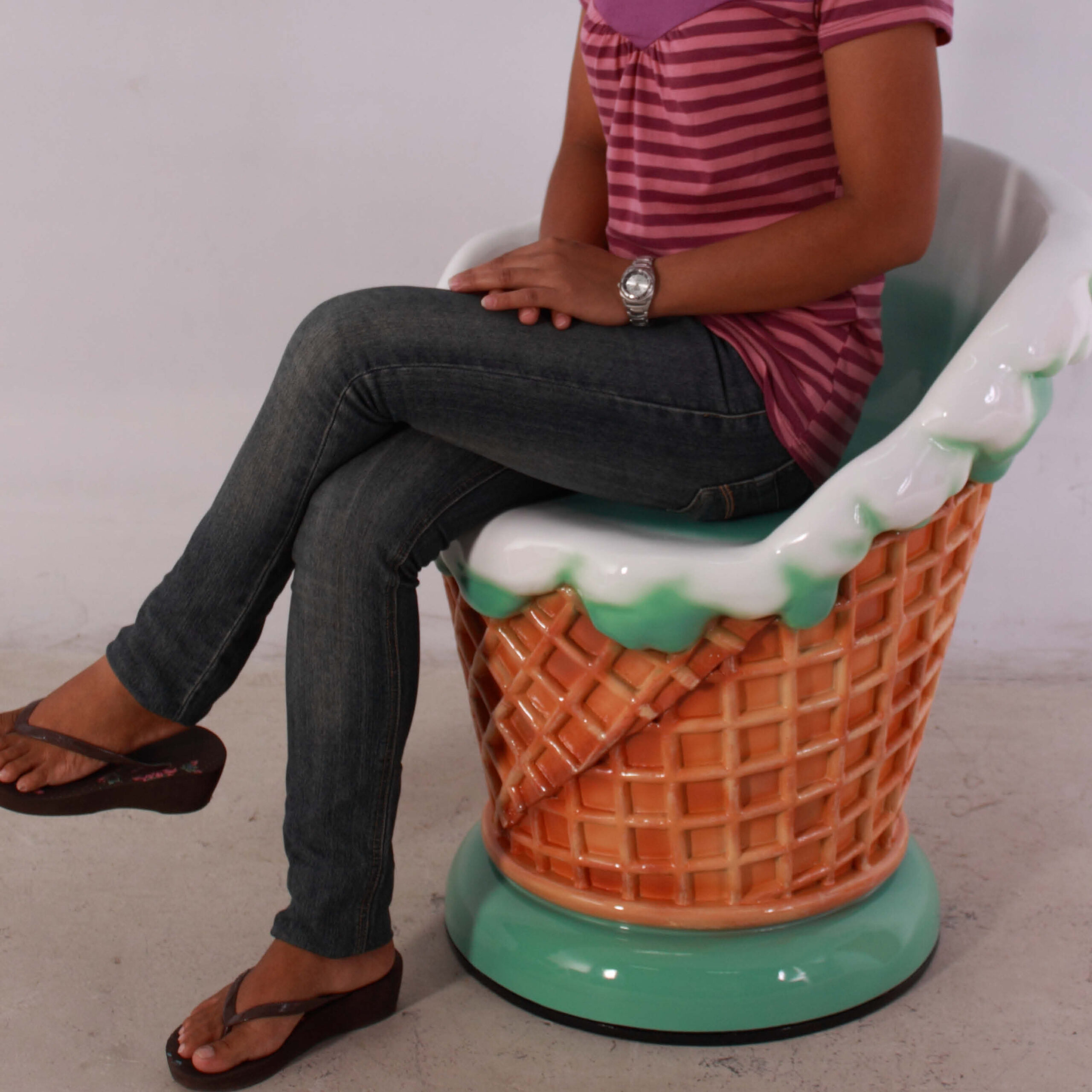 Natureworks Australia Ice Cream Chair - Mint Green colour - L65cm x W 63cm - H 71cm - SKU 130020- for sale available individually or as a set with various colours/flavours- shown with lady sitting in chair