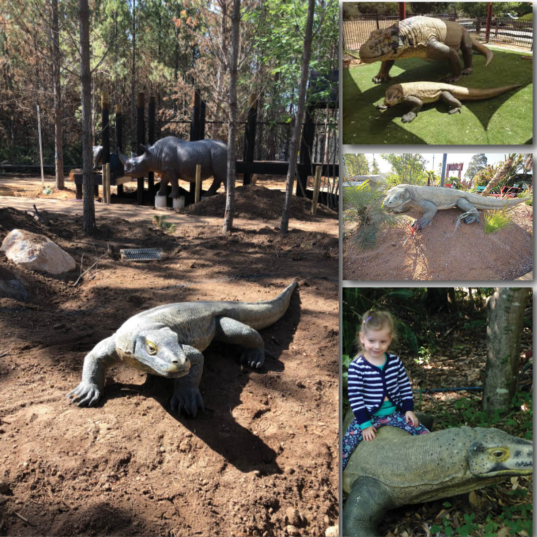 Natureworks Australia Komodo Dragon - shown in various settings - ideal for playground use as sturdy and durable