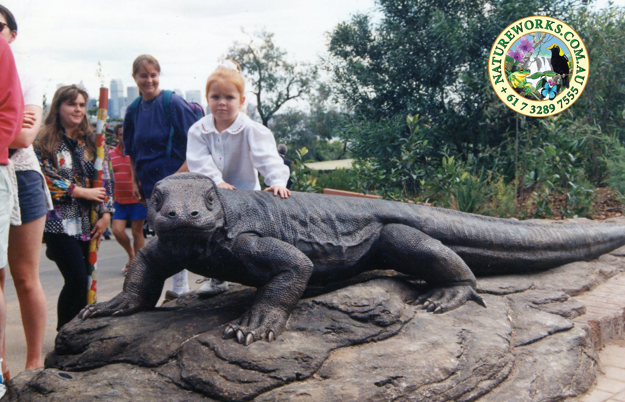 Natureworks Australia Komodo dragon displayed on a rock at the entry of Serpentaria exhibit Taronga Zoo in Sydney Australia