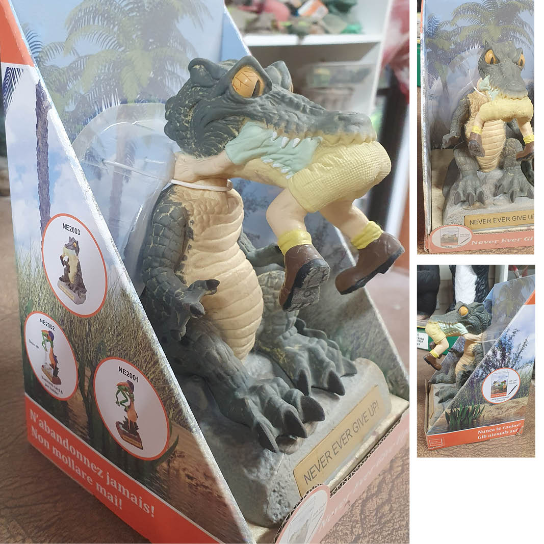 Natureworks Australia Notivational figurine in gift box - Never Ever Give up figurine with croc and ranger- NEGU-Croc&Ranger - angle view in box