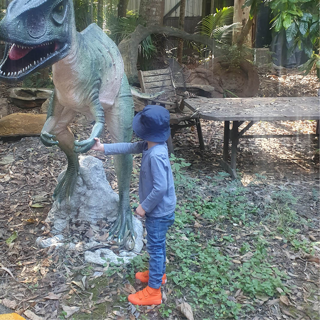 Natureworks Australia Allosurus-Dinosaur-statue with mouth-open-version-100053-shown-with-child as a guide to size reference