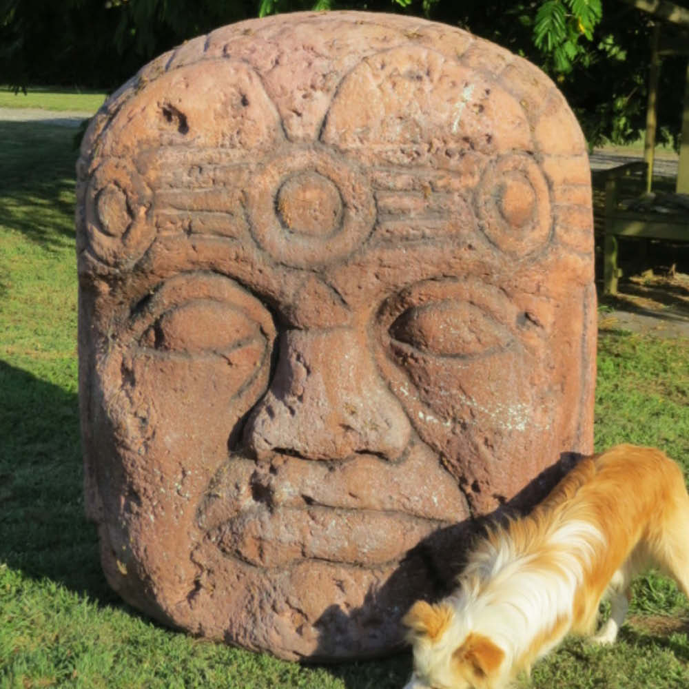 Natureworks Australia Olmec head - large - 100083 - shown outside with dog