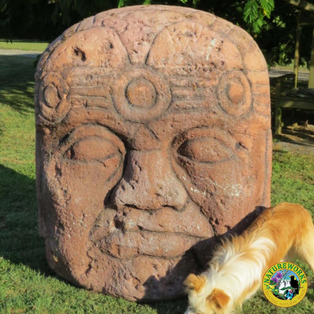 Natureworks Australia Olmec head - large - 100083 - shown outside with dog