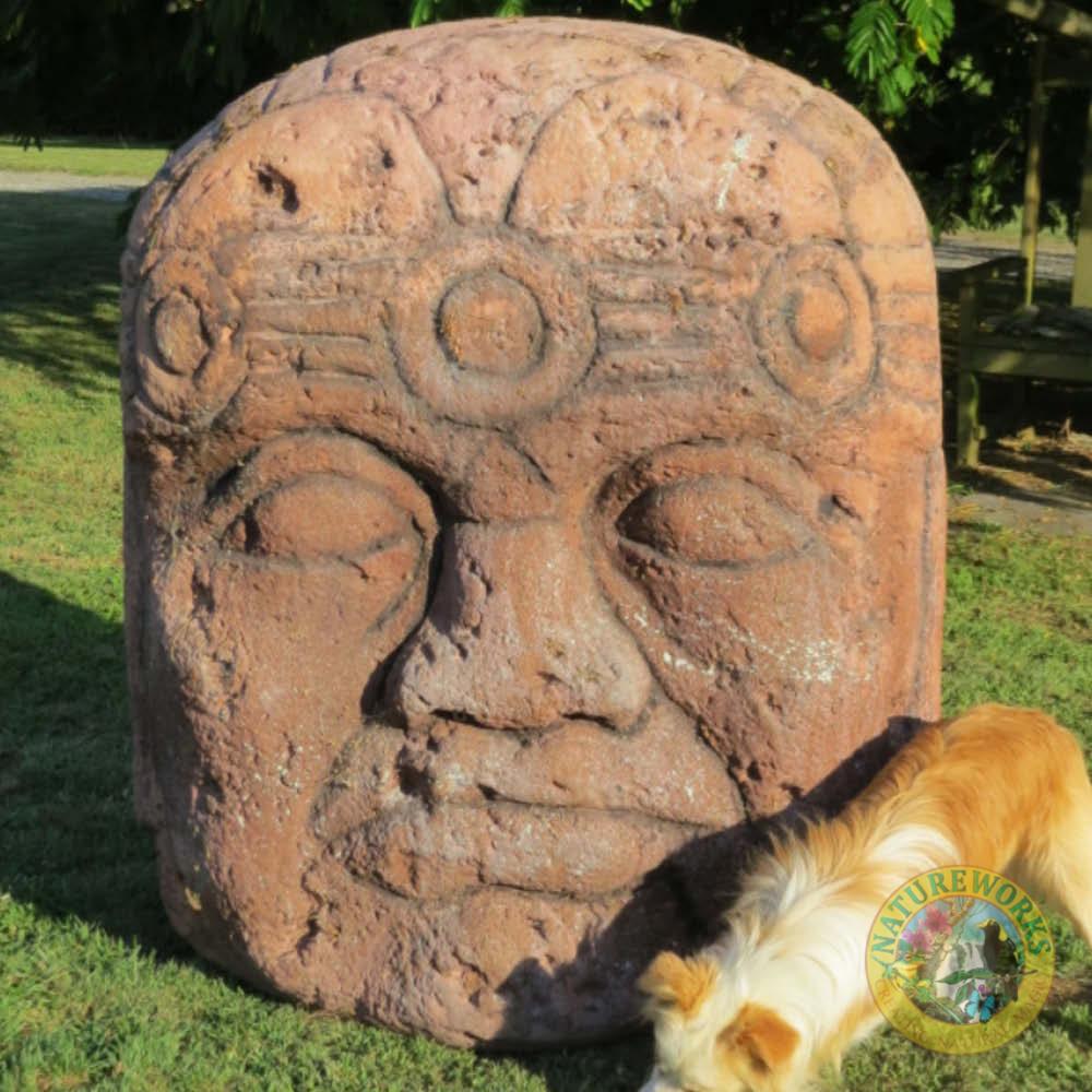 Natureworks Australia Olmec head - large - 100083 - shown outside with dog