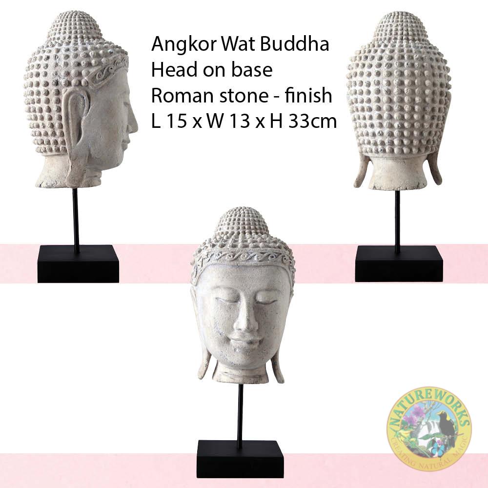 Natureworks Australia Angkor Wat Buddha head on base - Roman stone finish - 090043RS - 3 various views