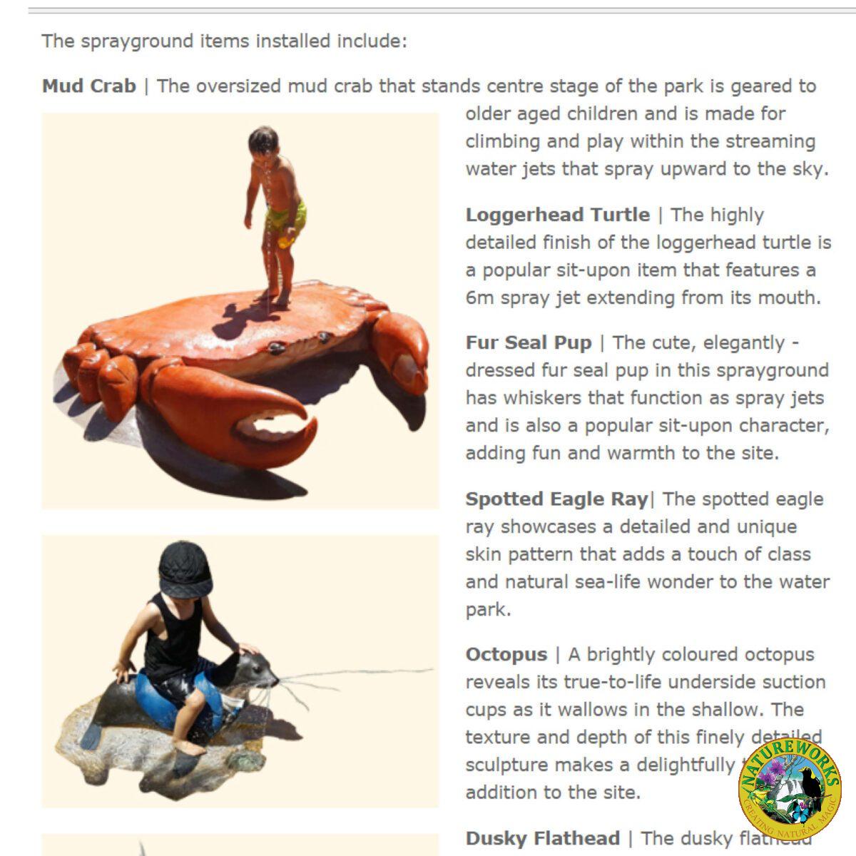 Natureworks Australia Crab 6ft - 100013 - Shown in Browadwater parklands water play - showing outdoor design article