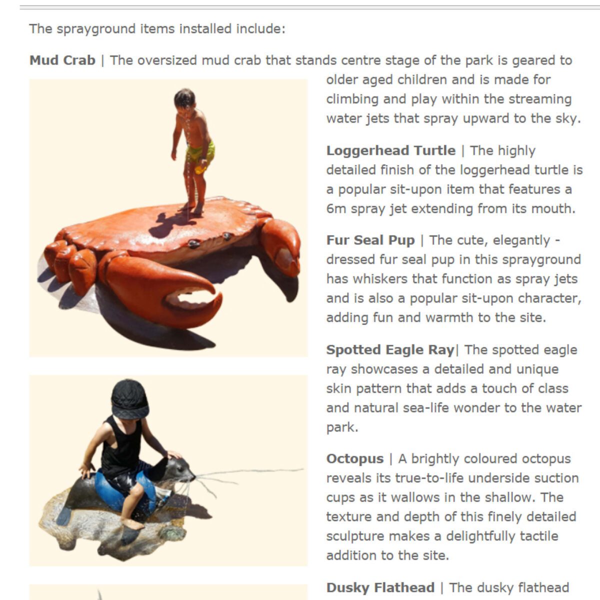 Natureworks Australia Crab 6ft - 100013 - Shown in Browadwater parklands water play - showing outdoor design article