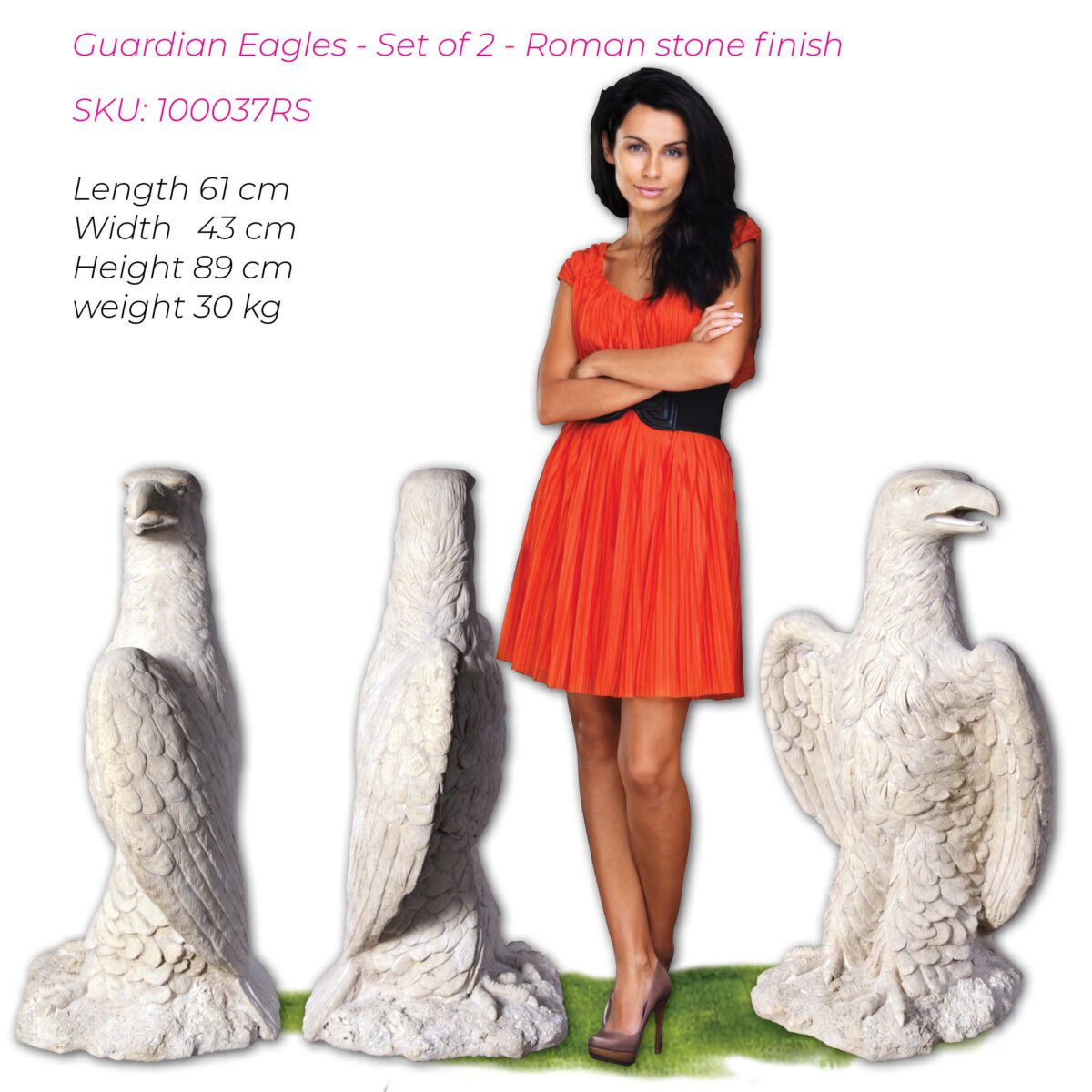 Natureworks Australia Guardian Eagles - Set of 2 Large - Roman Stone finish - 100037RS - showing side and angle views