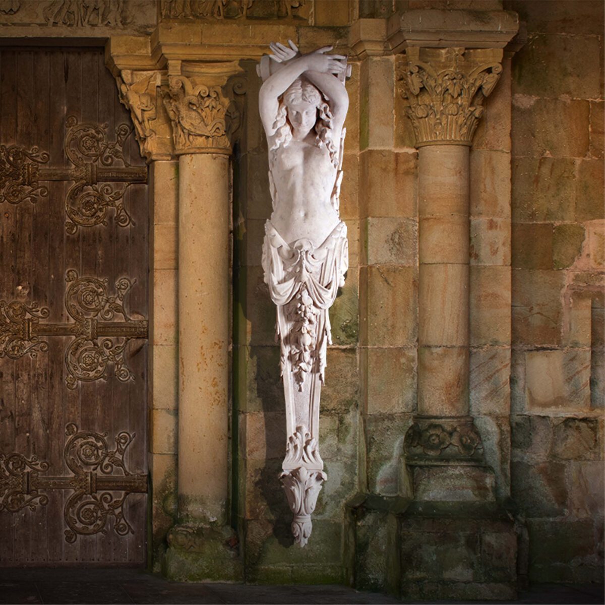 Natureworks Australia Pilaster lady -architectural wall decor - Roman stone finish - 030527RS - front view in ancient building