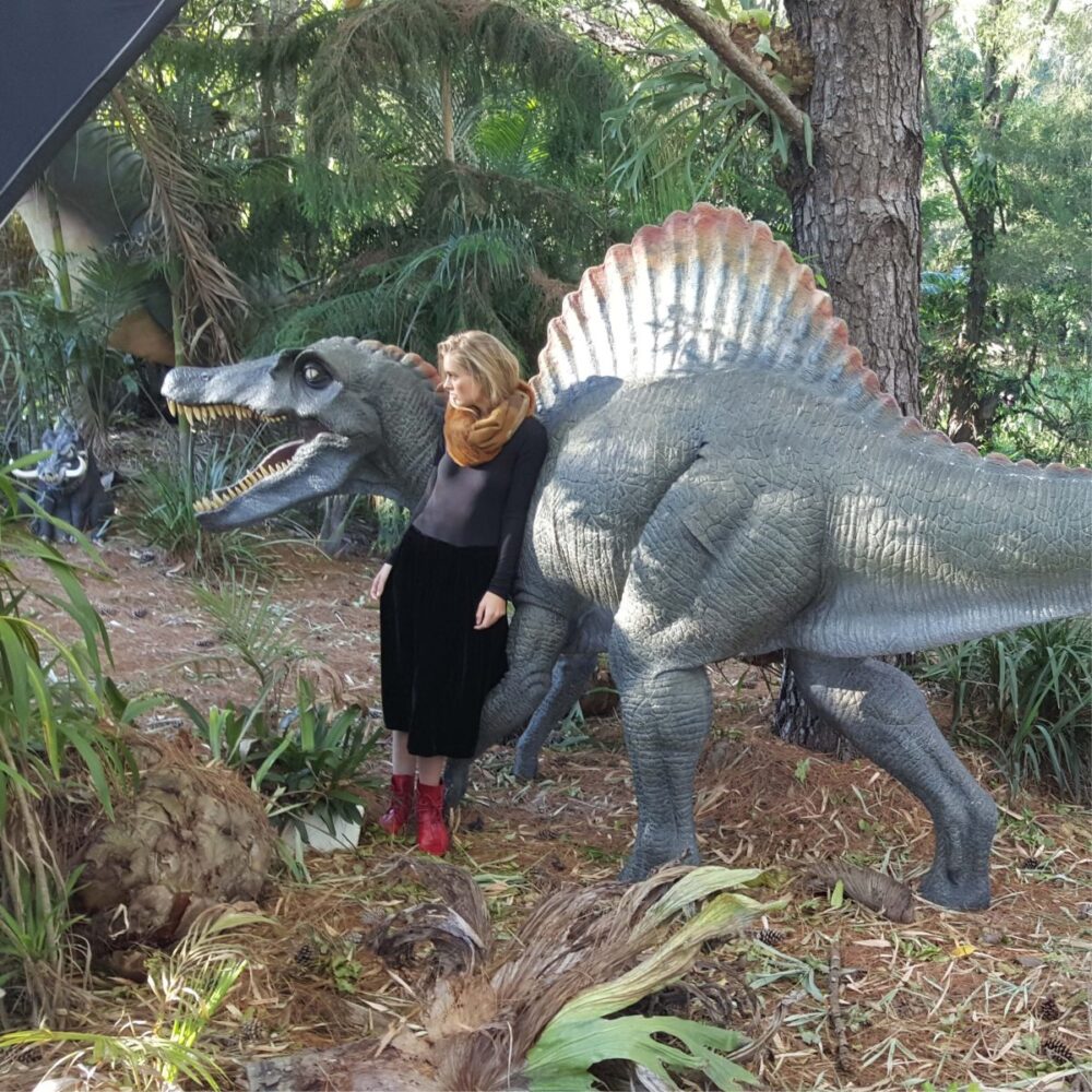 Spinosaurus Dinosaur Sculpture - outside at Natureworks studio - 120030 with model