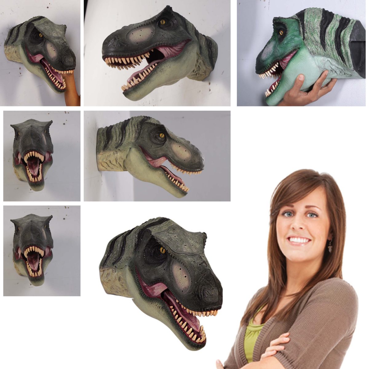 Natureworks Australia T-Rex Dinosaur Head - Definitive - Wall decor - shown in various views with lady