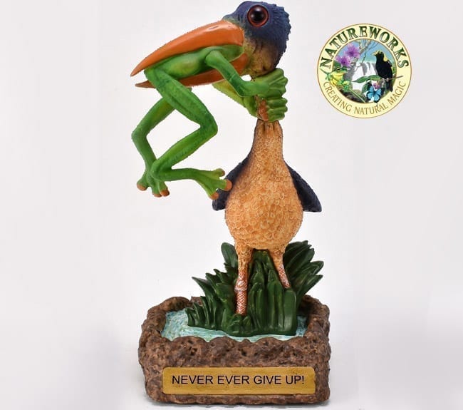 Never Ever Give Up Bird Figurine - stork Eating Frog