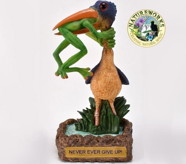 Natureworks Australia Never Ever Give Up Bird Figurine - stork Eating Frog