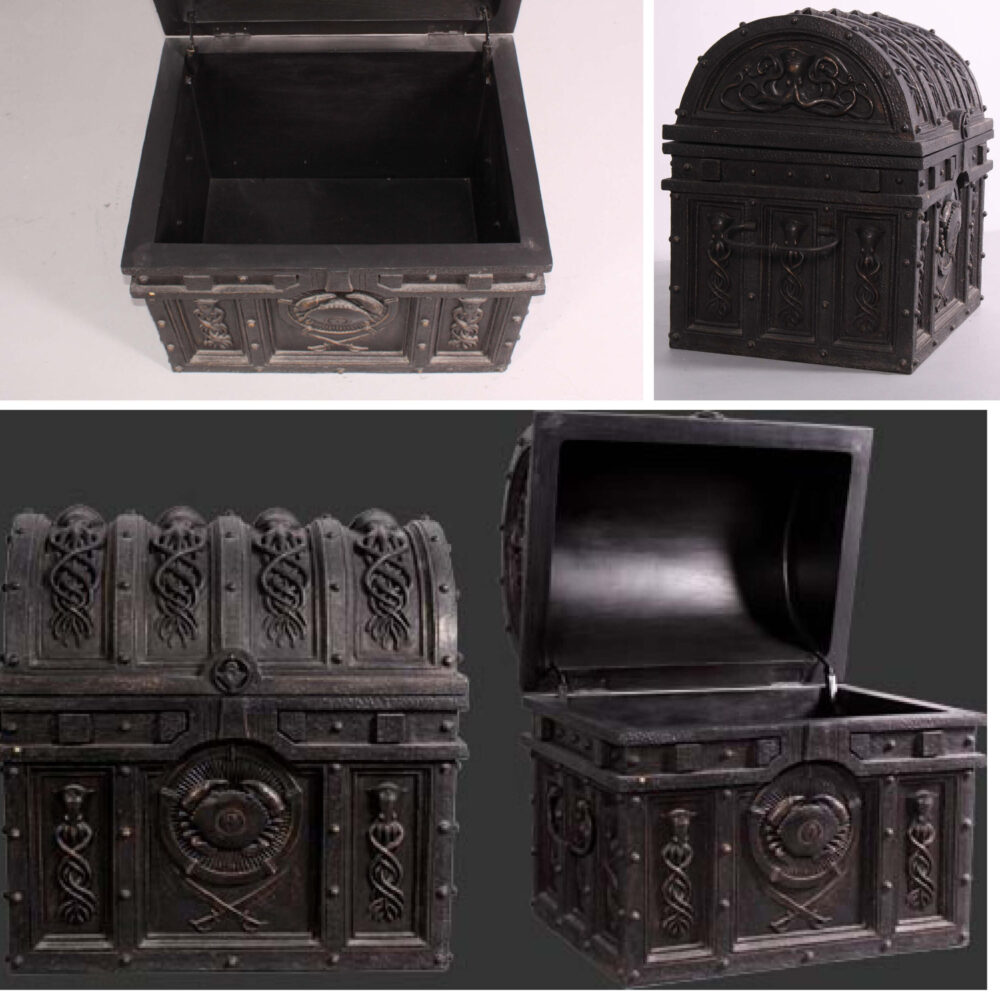 Pirate treasure chest - life-size prop with hinged list - showing various views - SKU 080029
