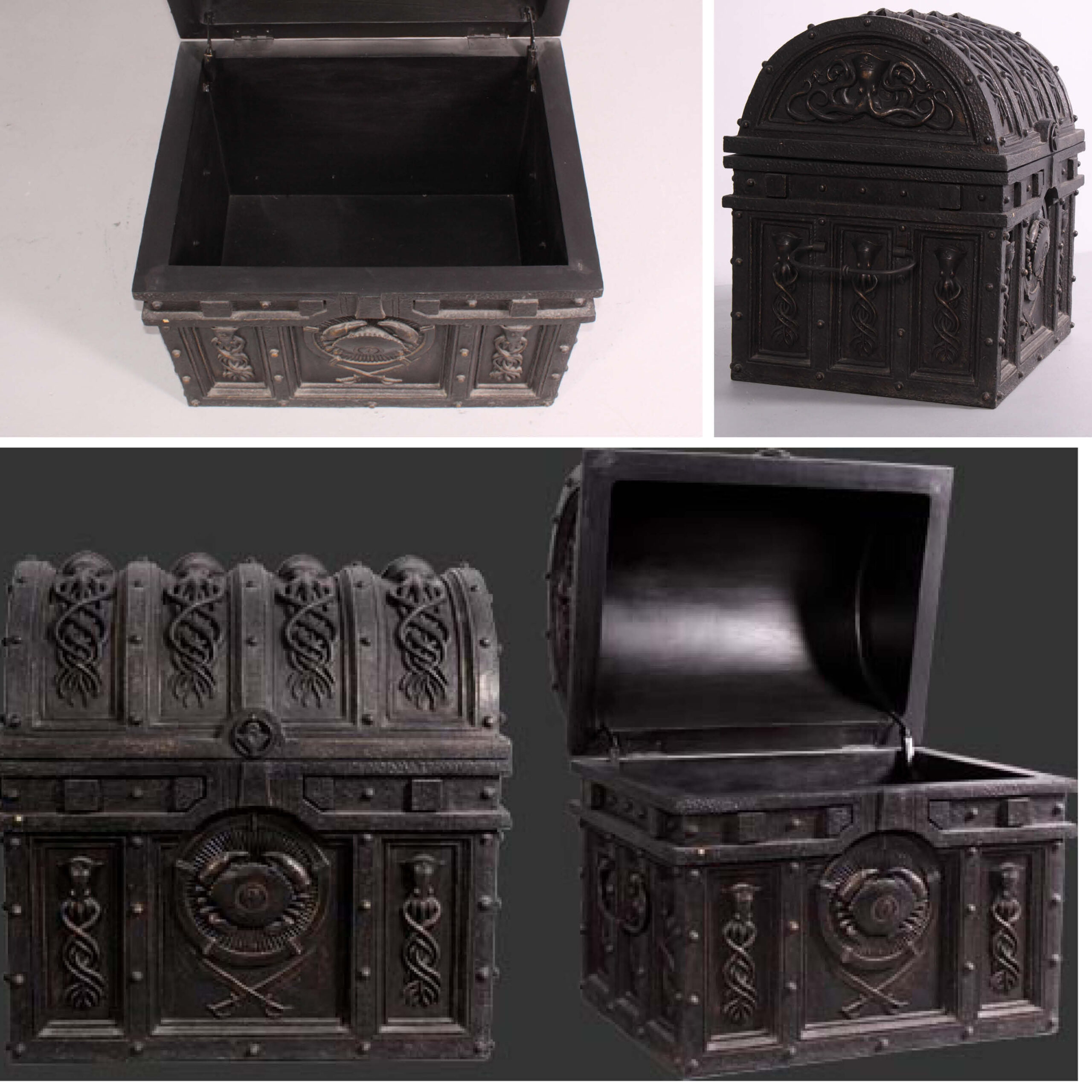 Natureworks Australia Pirate treasure chest - life-size prop with hinged list - showing various views - SKU 080029