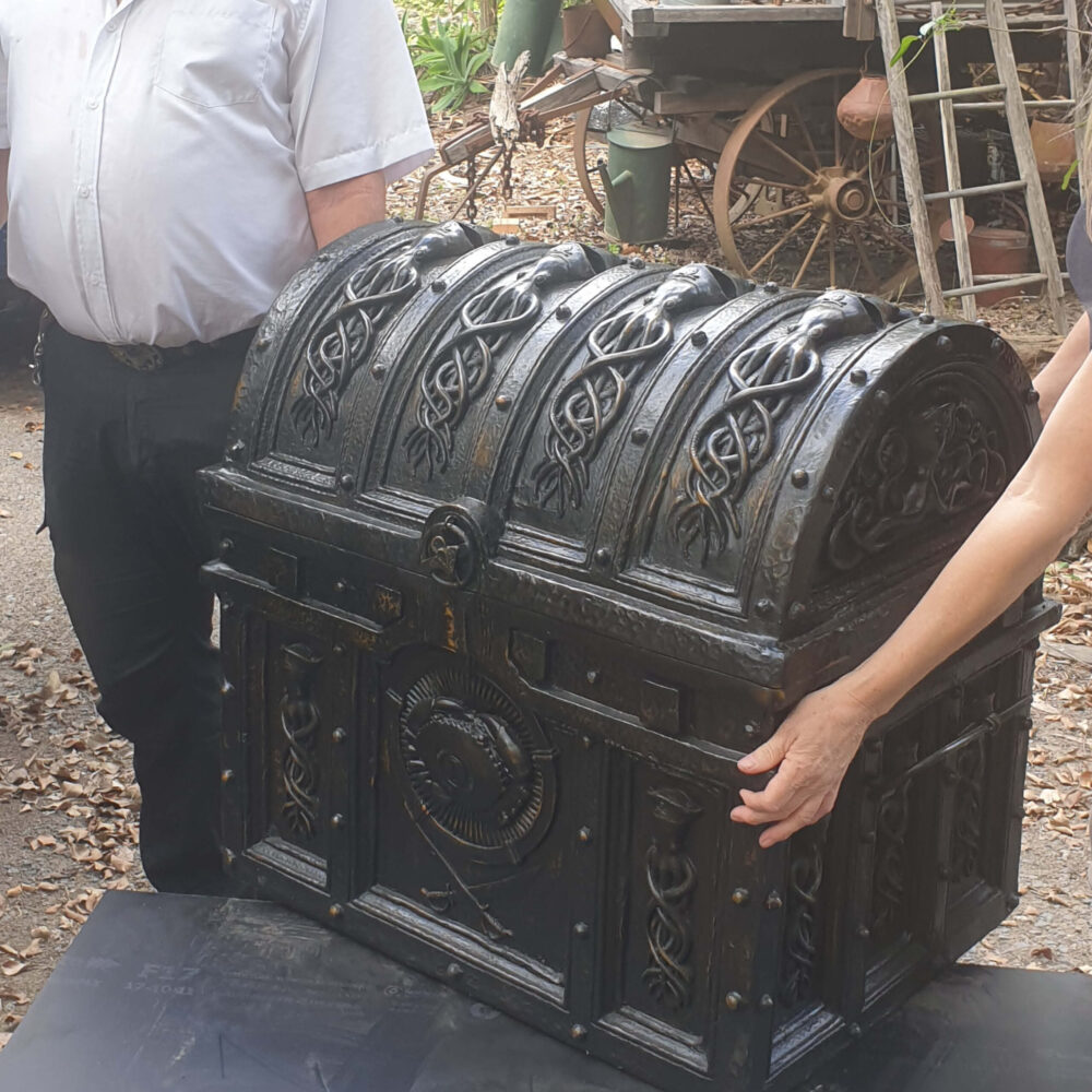 Pirate treasure chest - life-size prop with hinged list - shown with customer picking up order at Natureworks Studio - SKU 080029