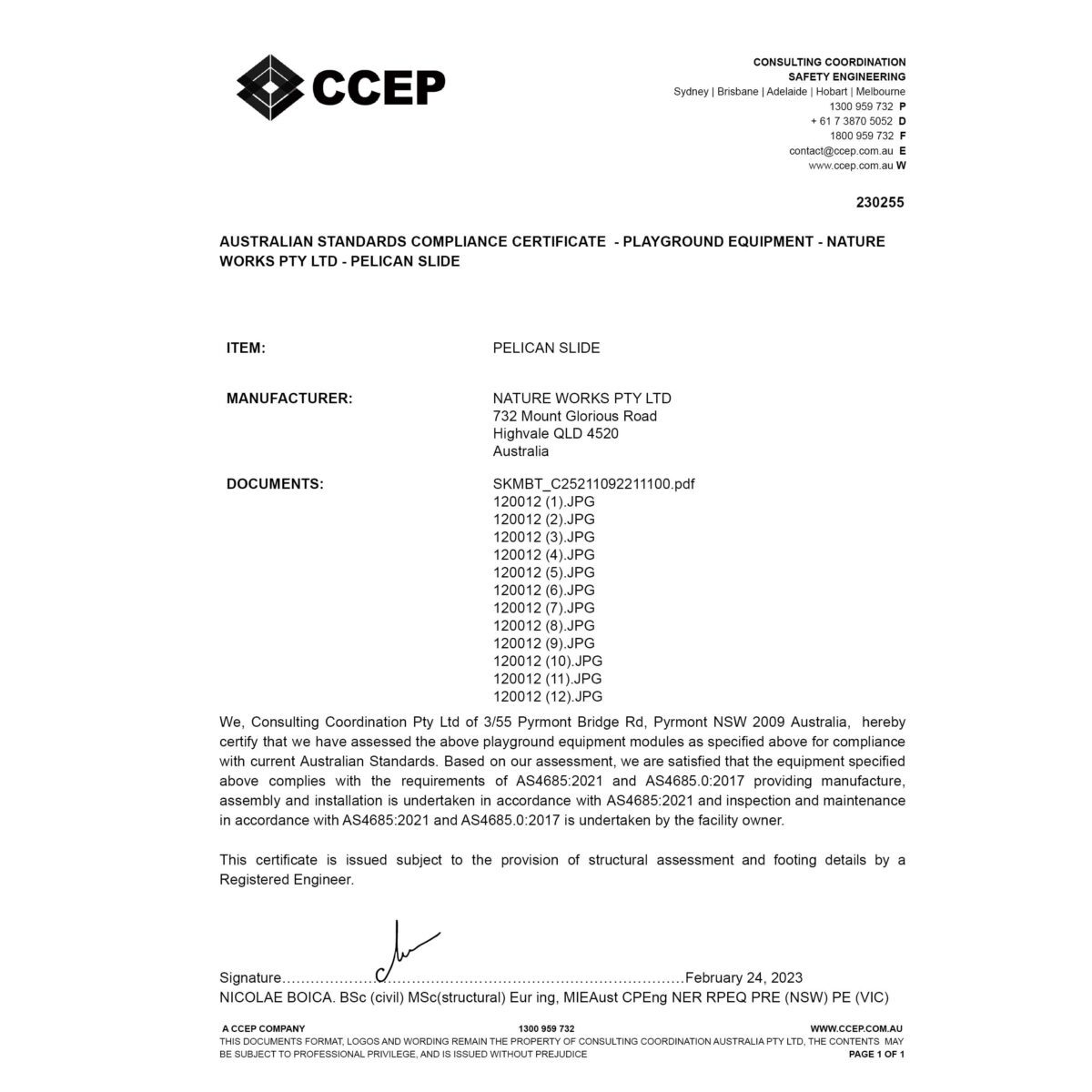 Natureworks Australia Playground Theming - Certified play - Pelican slide 120012- showing rear steps - showing certification certificate
