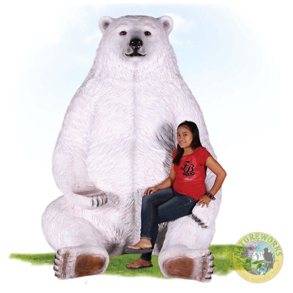 Polar Bear - Jumbo in sitting pose - 130086 - Photo Opportunity - for shopping centres and events - Christmand or winter wonderlands - showing front angle view - shown with lady