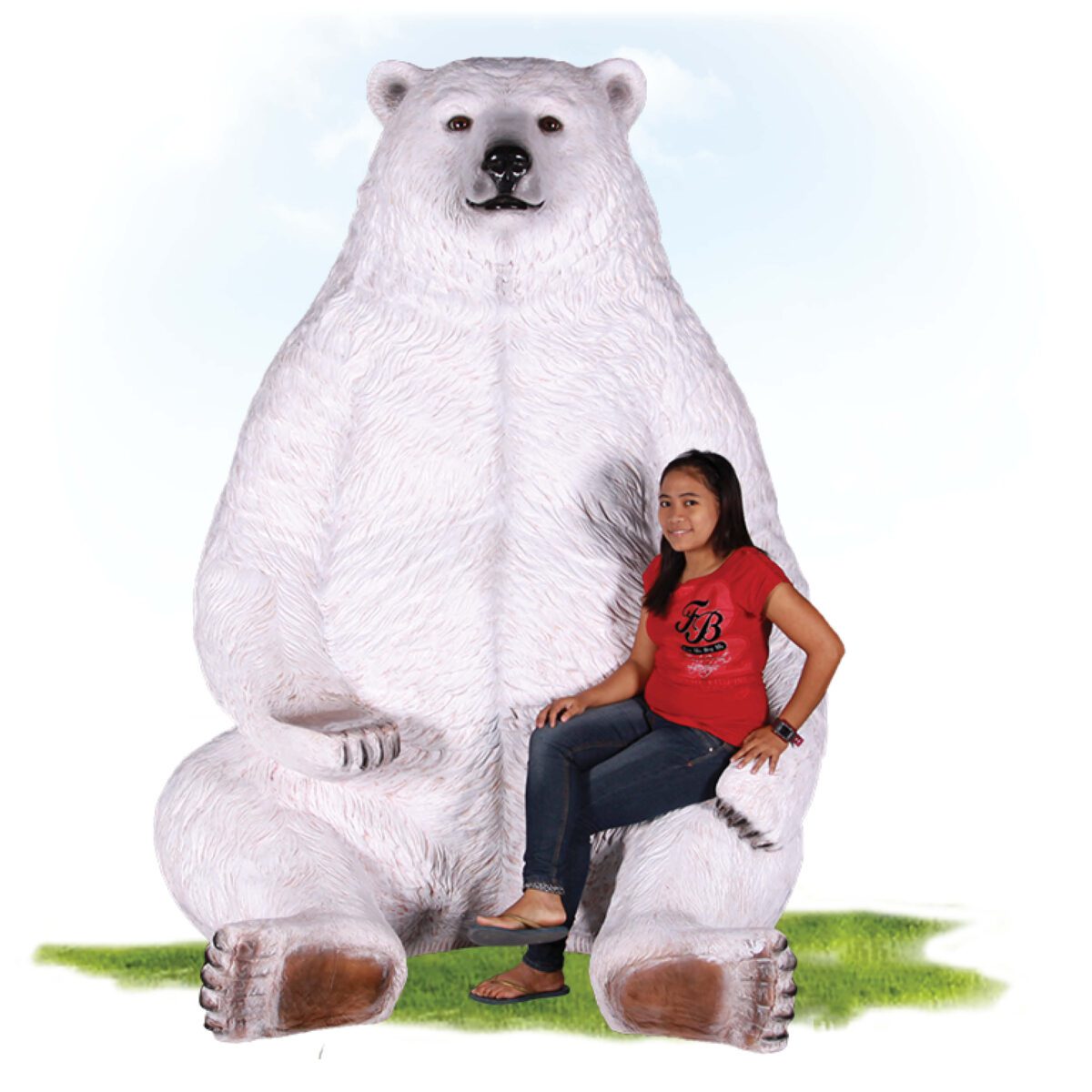Natureworks Australia Polar Bear - Jumbo in sitting pose - 130086 - Photo Opportunity - for shopping centres and events - Christmand or winter wonderlands - showing front angle view - shown with lady