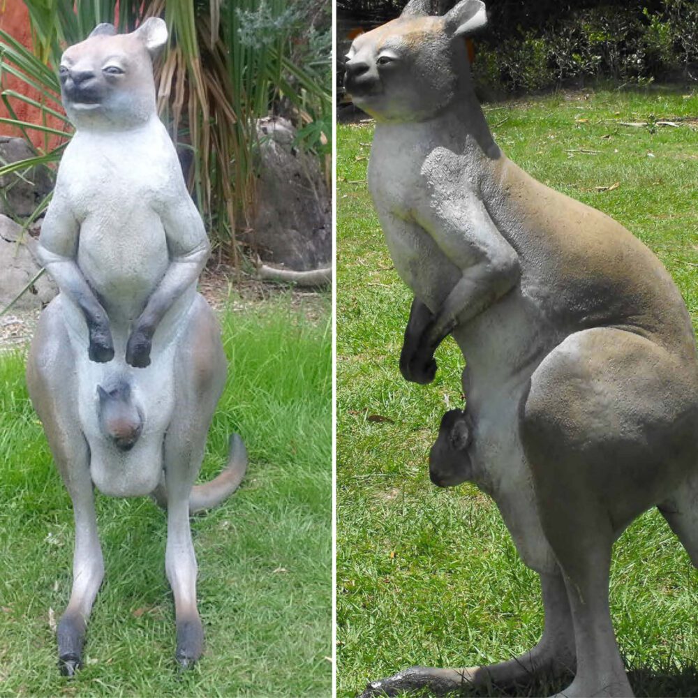Natureworks Australia Procoptodon pusio - sculpture - lifesize representation of Australian Megafauna Kangaroo - showing side and front view revealing the little cute joey- V5