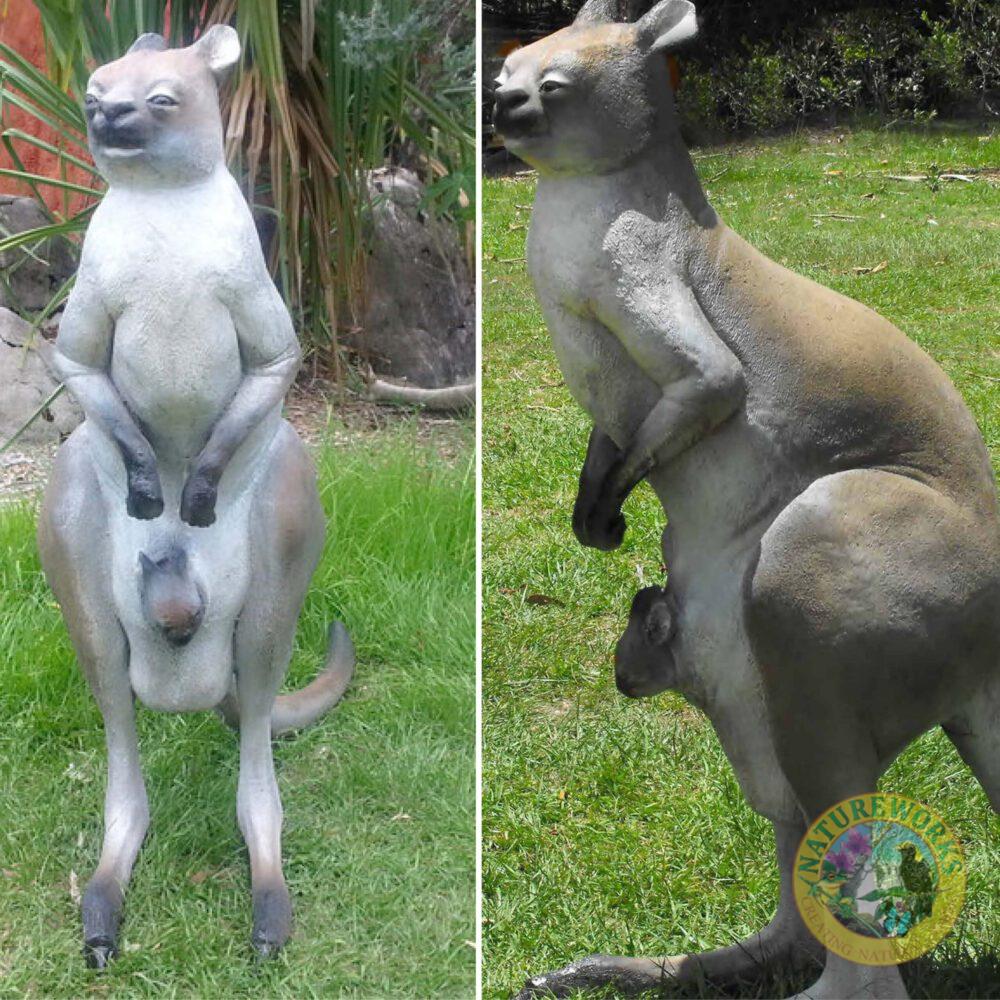 Natureworks Australia Procoptodon pusio - sculpture - lifesize representation of Australian Megafauna Kangaroo - showing side and front view revealing the little cute joey- V5