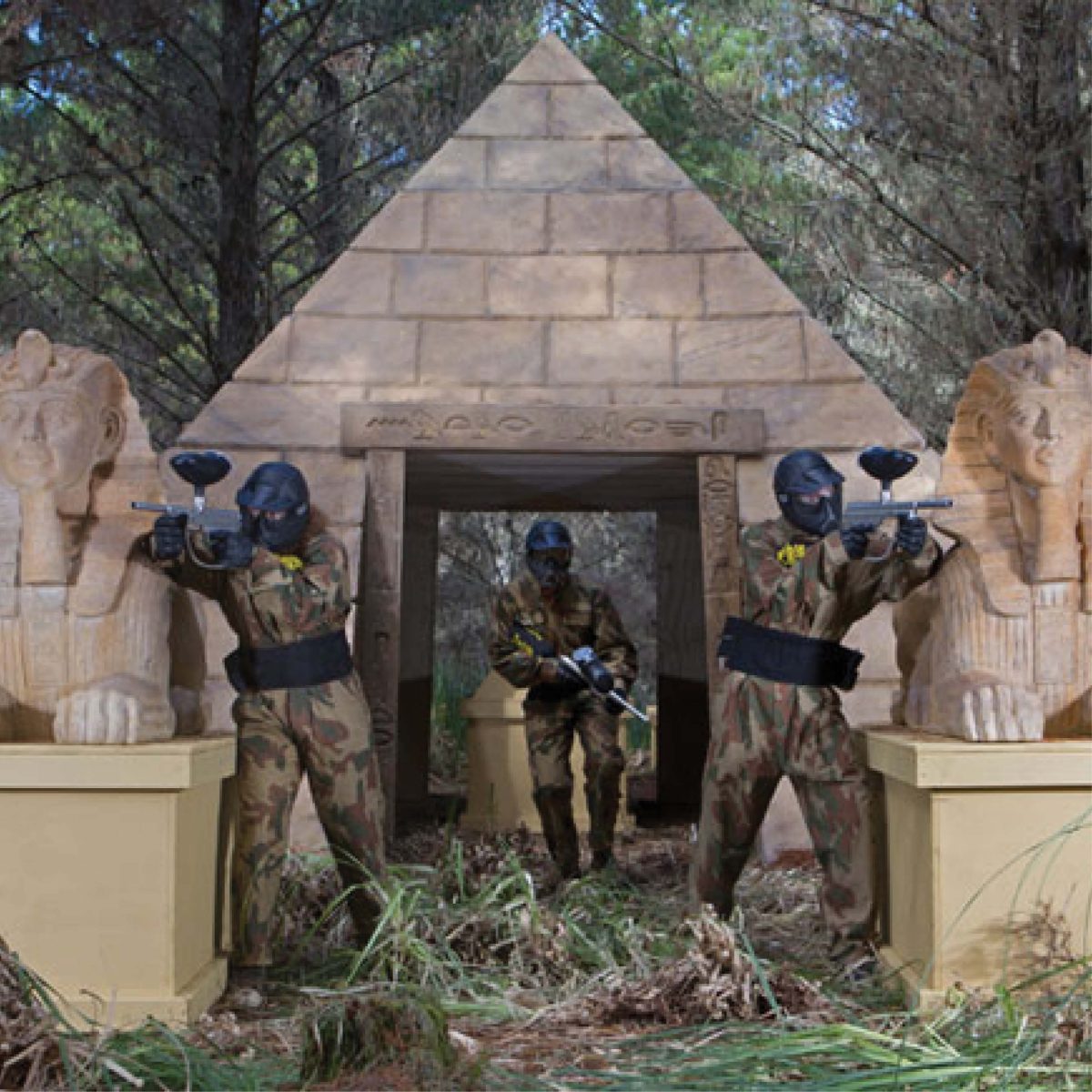 Natureworks Australia Pyramid - 7 metre base. Showning insitu on paintball field with players