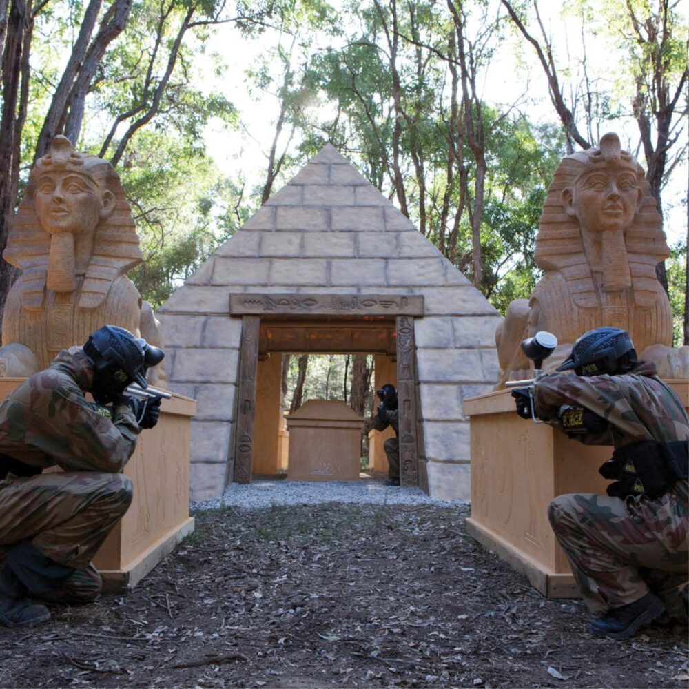 Pyramid - 7 metre base. Showning insitu on paintball field