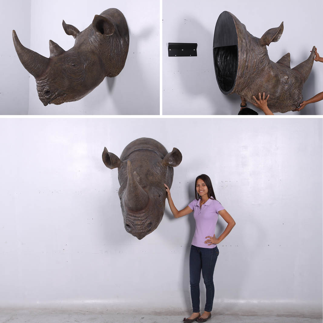 Natureworks Australia Rhinoceros Head - Wall décor - with mounting brackets - 140052- - shown mounted on wall with lady - various views