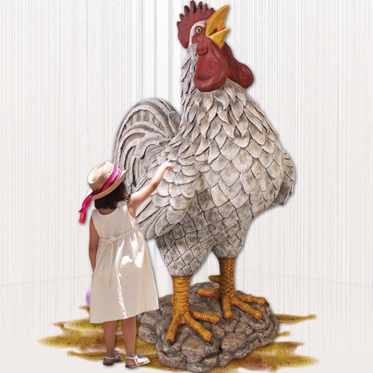 Natureworks Australia Rooster - Colossal barnyard white - 110114 - with little girl pointing at rooster-