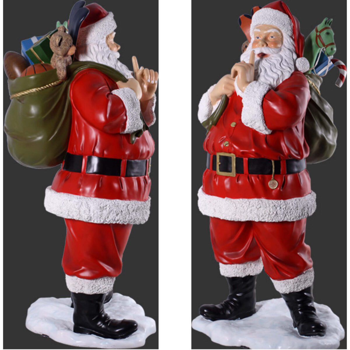 Natureworks Australia Santa with toys - full 3d Statue - free standing on base plate - full colour and realistic - 140004 - showing side view and angle view of Santa