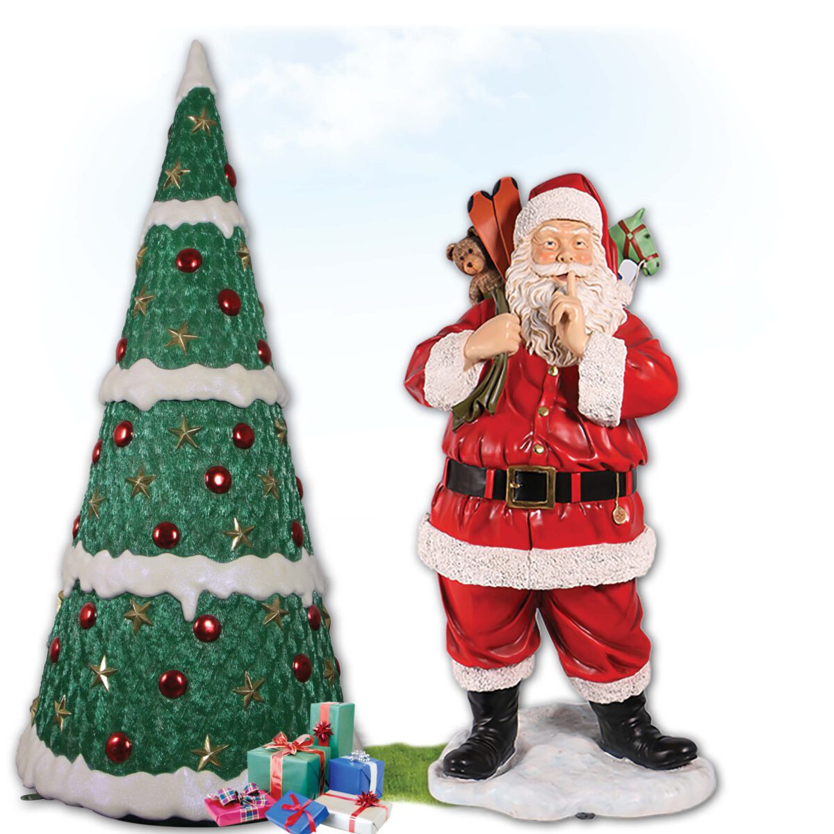 Natureworks Australia Santa with toys - full 3d Statue - free standing on base plate - full colour and realistic - 140004 - showing front view of Santa stading.