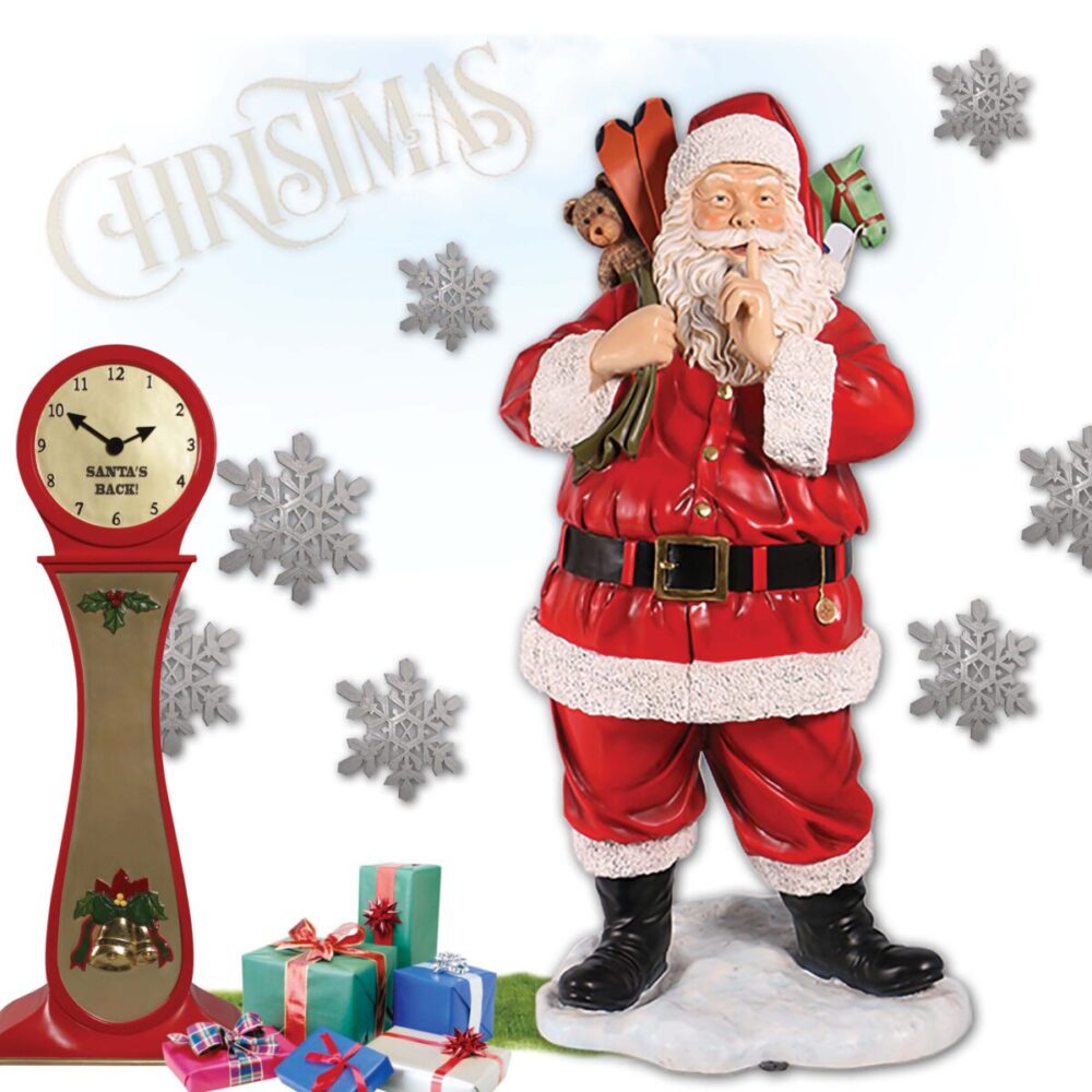 Santa with toys - full 3d Statue - free standing on base plate - full colour and realistic - 140004 - showing front view of Santa stading. with starts and xmas clock, & Christmas text
