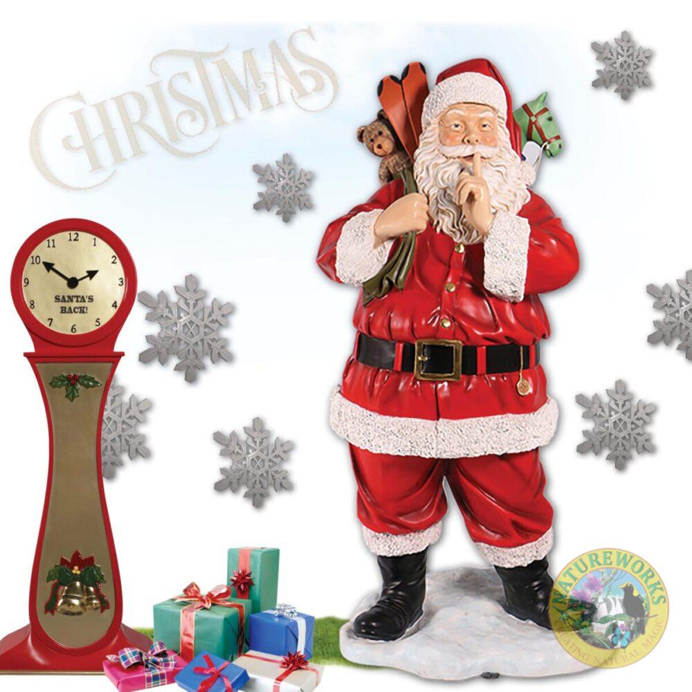 Santa with toys - full 3d Statue - free standing on base plate - full colour and realistic - 140004 - showing front view of Santa stading. with starts and xmas clock, & Christmas text