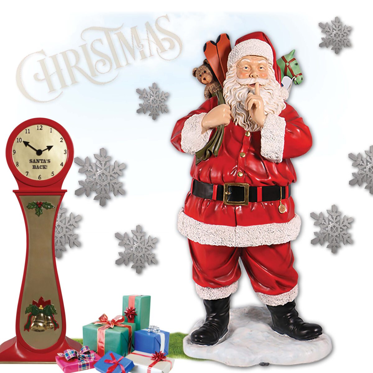 Natureworks Australia Santa with toys - full 3d Statue - free standing on base plate - full colour and realistic - 140004 - showing front view of Santa stading. with starts and xmas clock, & Christmas text