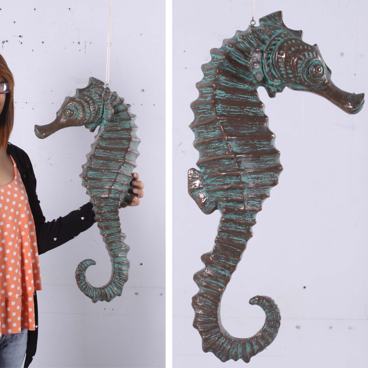 Natureworks Australia Seahorse - hanging - 24inch- full 3d sculpture - 140053GB Greenish Bronze finish- shwon with lady