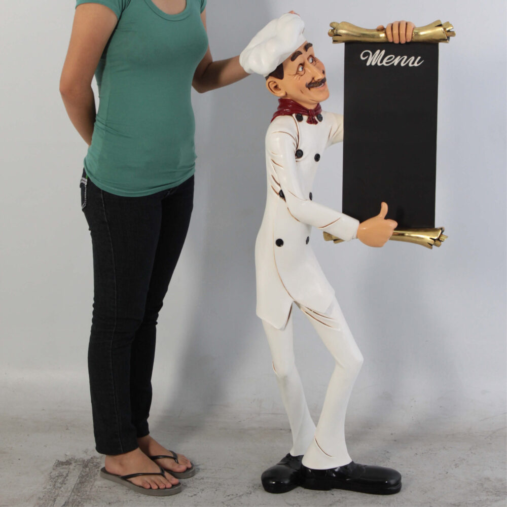 Skinny Cheff with menu board - 030509-4ft shown with lady for size comparison