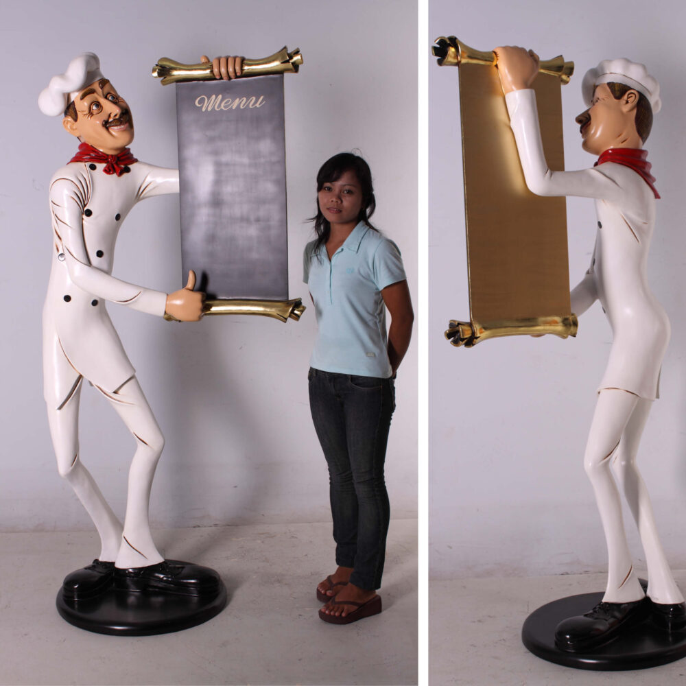 Skinny Chef with Menu Board 6ft - 030518 - shown with lady for size comparison