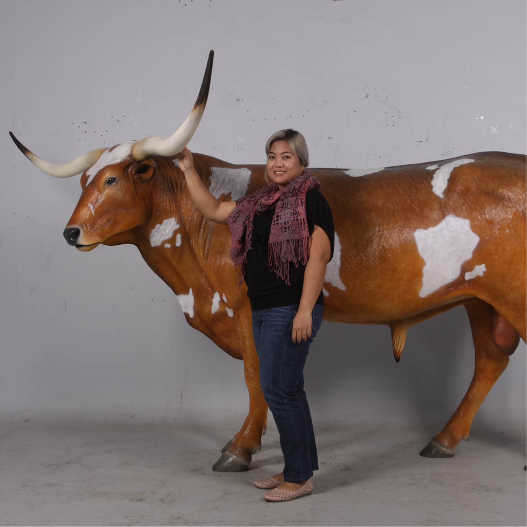 Natureworks Australia Texas Longhorn bull- life-size replica - showing side view with lady-170163