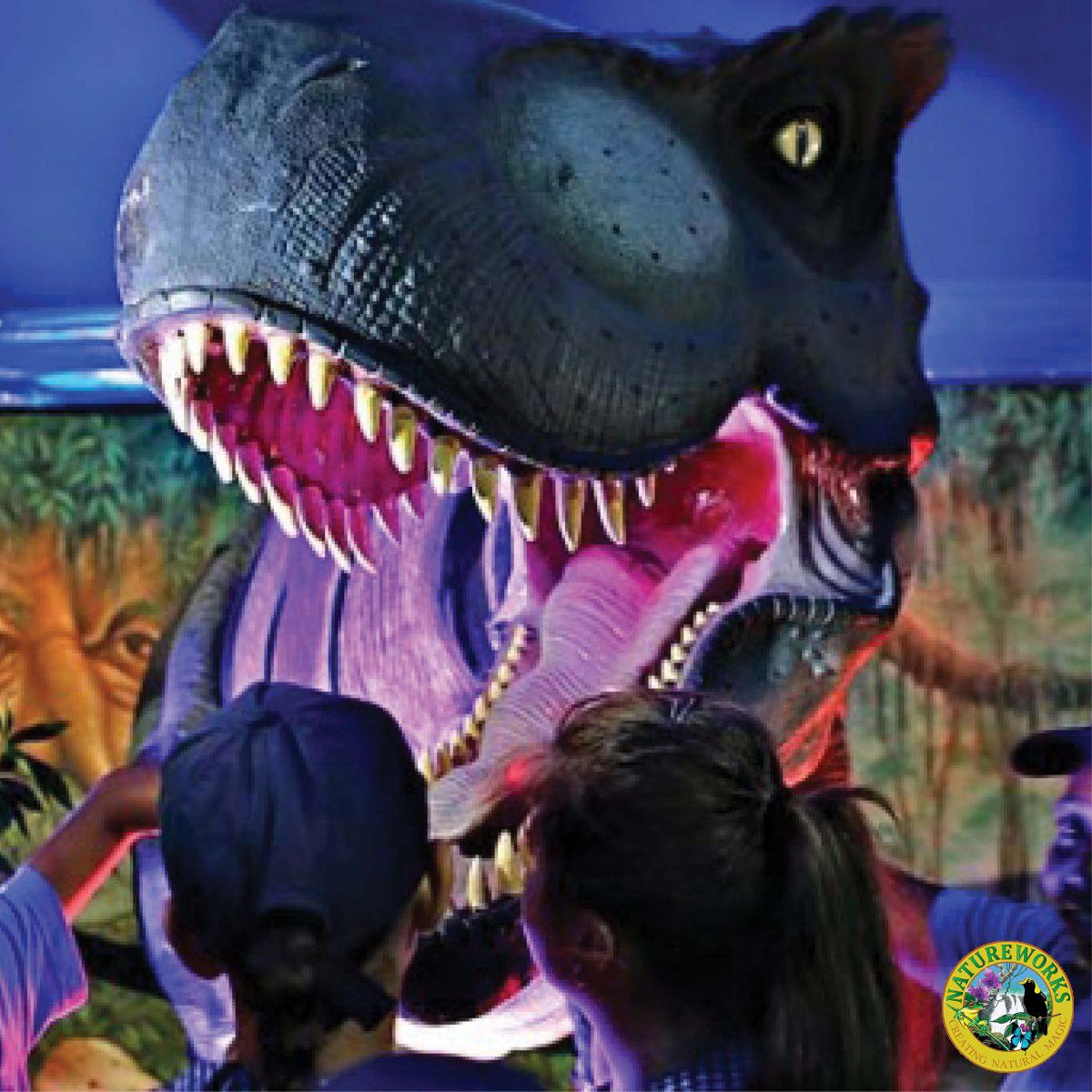 Natureworks Australia Tyrannosaurus Rex Dinosaur Walking - Shown in display with visitors and lights