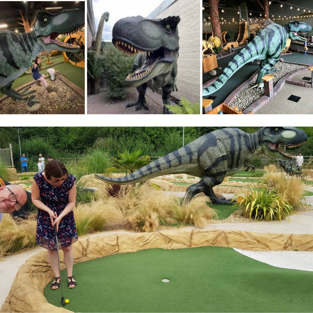 Natureworks Australia Tyrannosaurus Rex also T-Rex dinosaur statue - 110073- shown in mini golf course setting