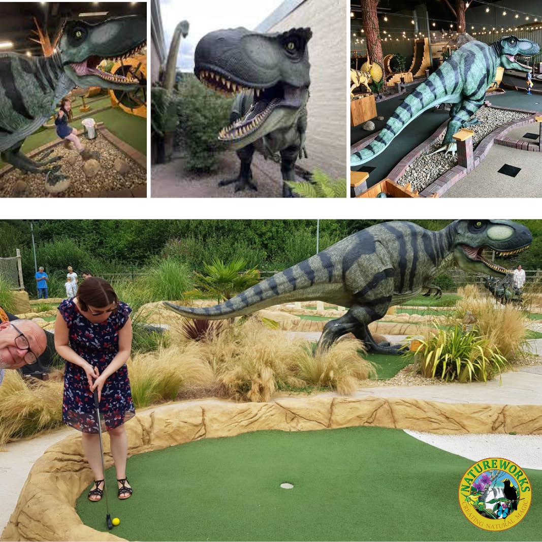 Natureworks Australia Tyrannosaurus Rex also T-Rex dinosaur statue - 110073- shown in mini golf course setting