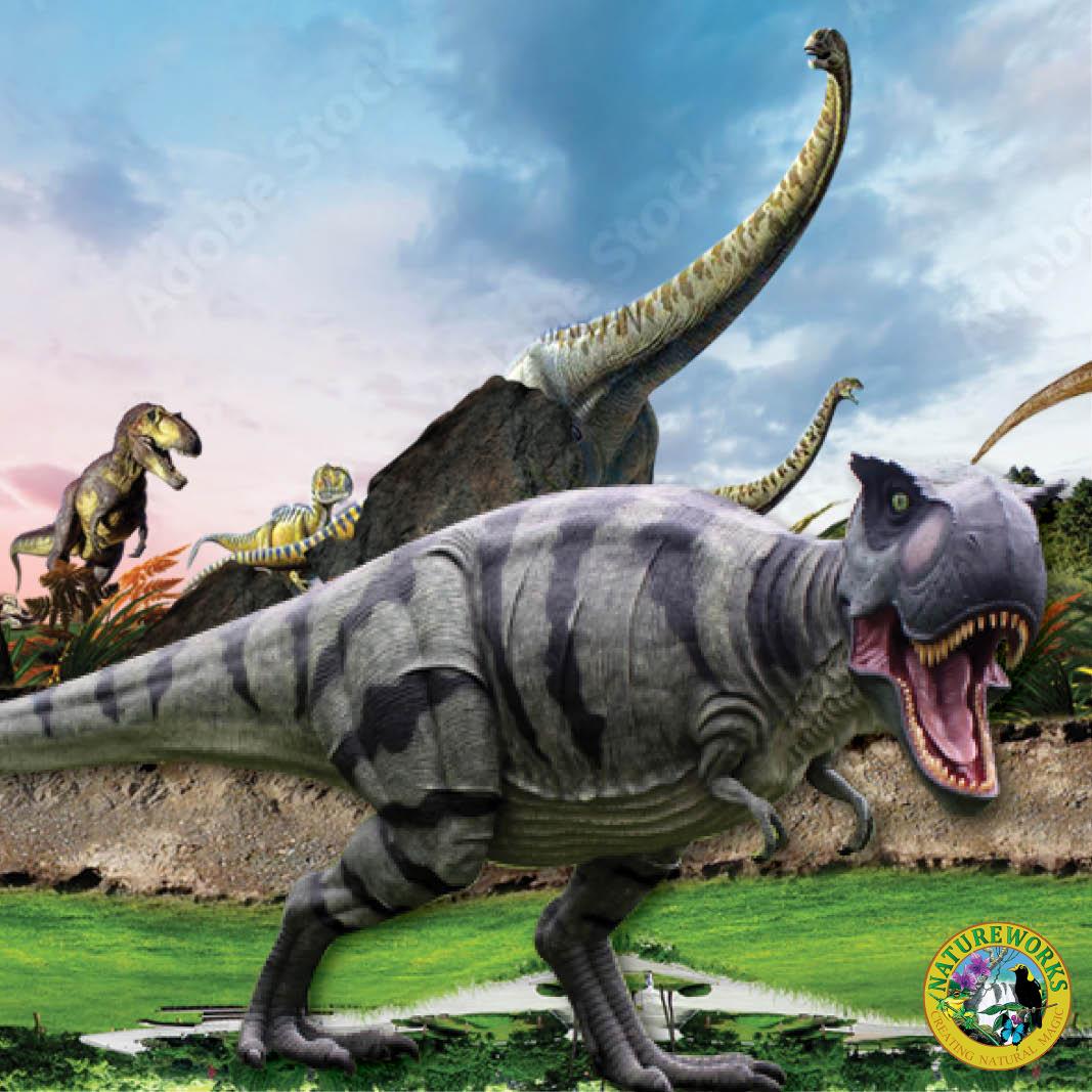 Natureworks Australia Tyrannosaurus Rex also T-Rex dinosaur statue - 110073- shown with prehistoric background
