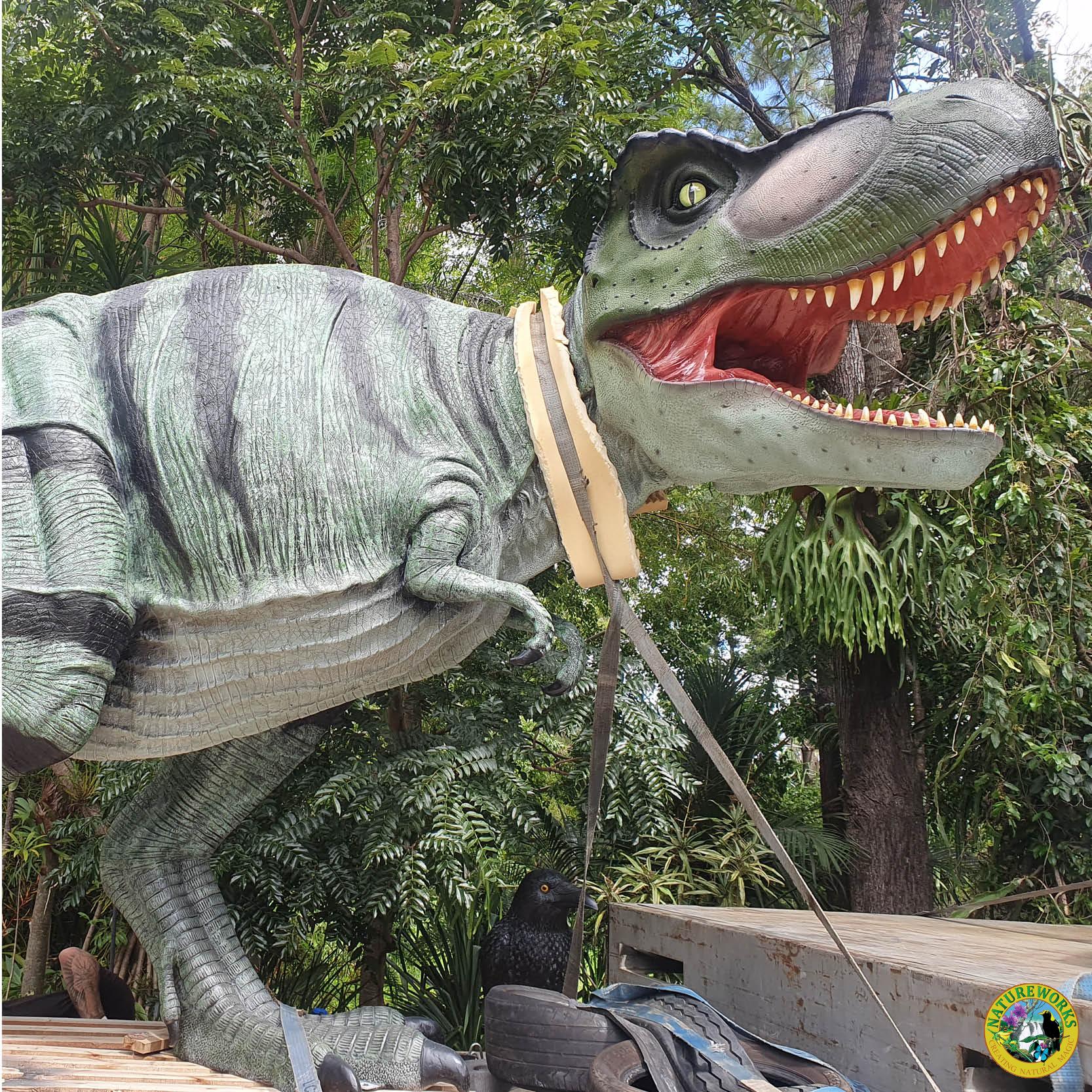 Natureworks Australia Tyrannosaurus Rex - natural painted finish - walking pose- ready for delivery to customer - close up shown on the back of a truck trailer